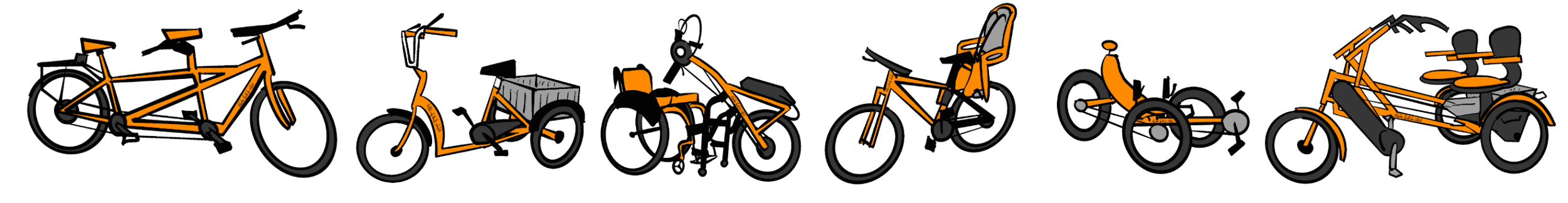 Drawings of different cycles in orange and black. From left to right, tandem bike, upright trike, clip-on handcycle, bicycle with rear child seat, recumbent trike, side-by-side tandem.