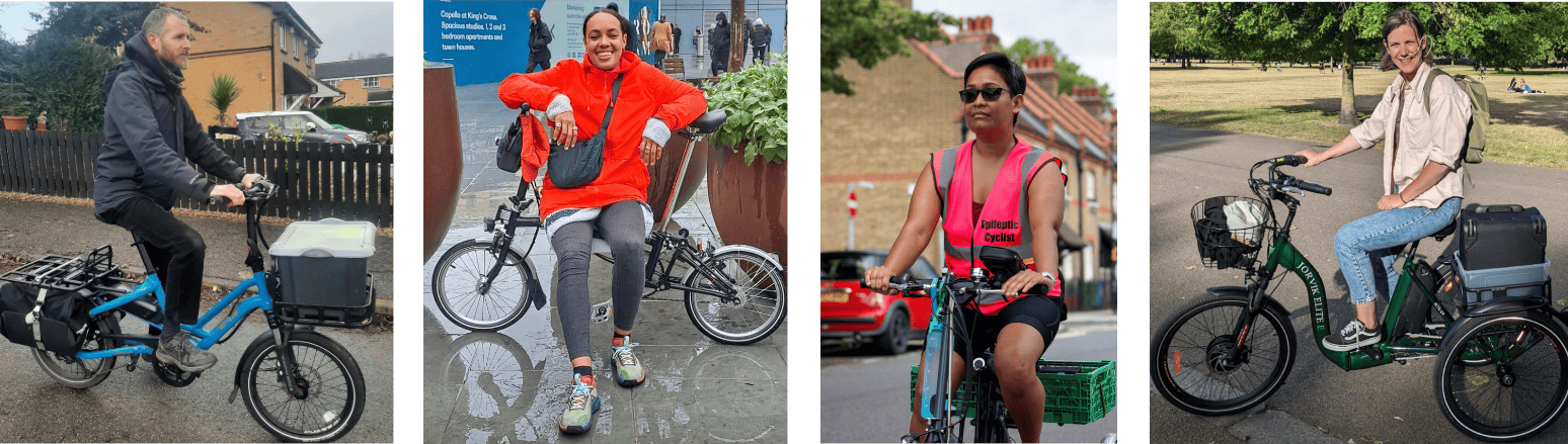 Four photos of Disabled cyclists, from left to right, a white man with a beard riding a small blue cargo bike, a Black woman wearing a red jumper sitting sideways on a folding bike, a minoritised ethnicity woman wearing an "epileptic cyclist" high-vis vest cycling on a residential street, a white woman riding a green trike.