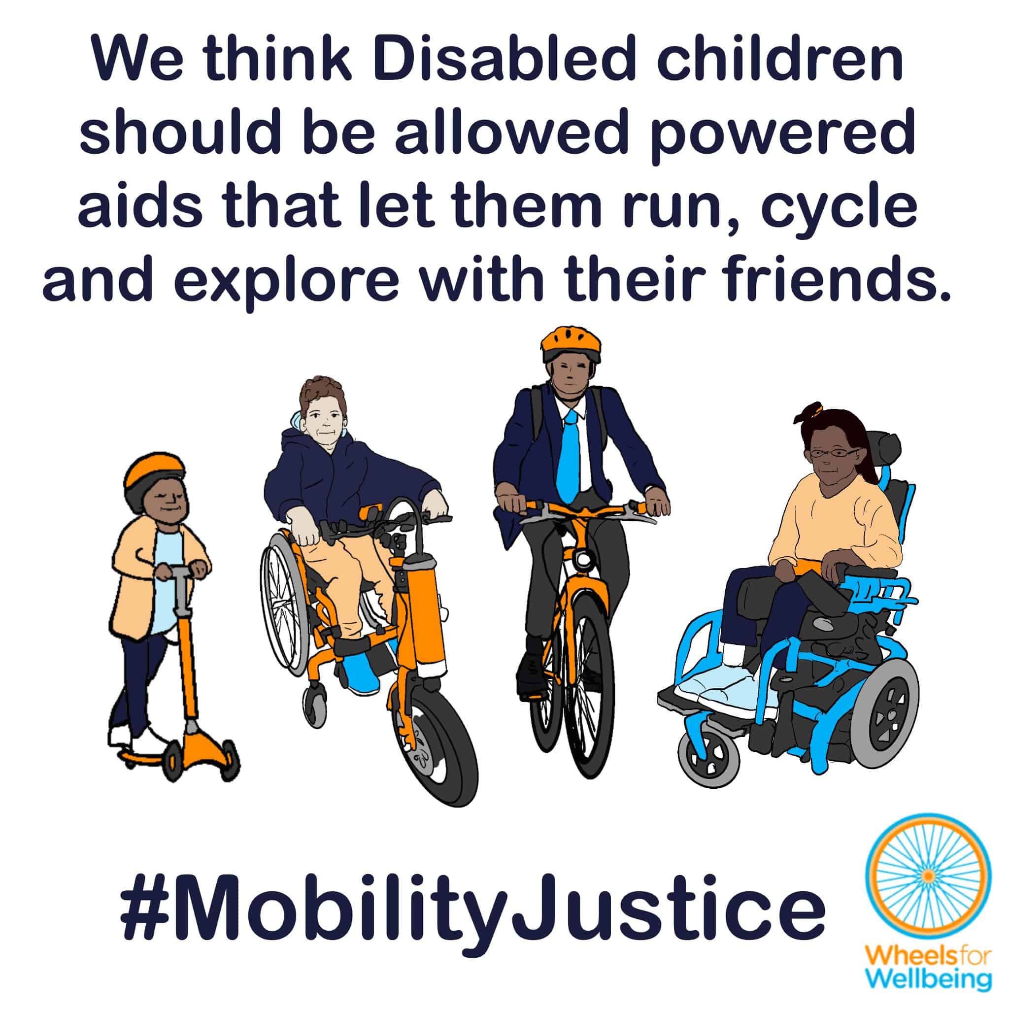 Graphic titled “We think Disabled children should be allowed powered aids that let them run, cycle and explore with their friends”. Drawings of children using different aids smiling towards the reader, from left to right, a using a kick scooter, a manual wheelchair with power attachment, a standard bicycle which could be an e-cycle and a powerchair. At the bottom, hashtag MobilityJustice and the Wheels for Wellbeing logo.