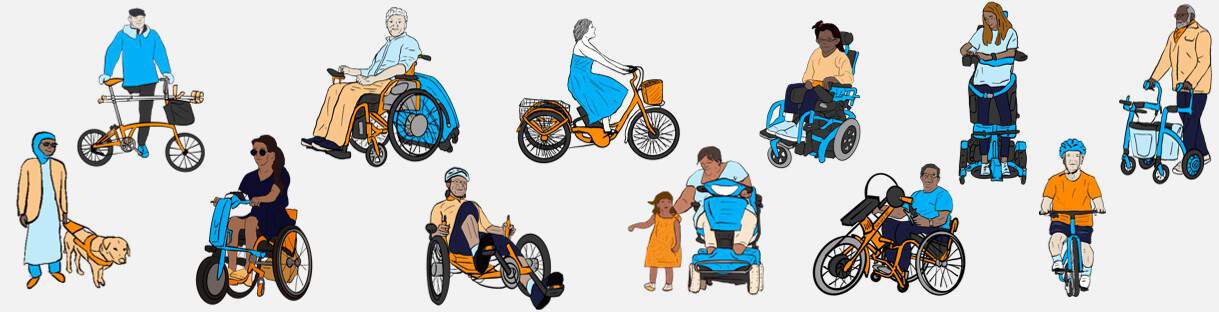 People using mobility aids two rows left to right Top row: Person using a Brompton folding bike with cruches, person using an e-converted manual wheelchair towing a suitcase, person riding an upright trike, person using a standard powerchair, person using a sit-to-stand powerchair, person using an e-assist rollator. Bottom row: Person with a guide dog, person using a manual wheelchair with clip-on e-attachment, person riding a recumbent trike, person using a mobility scooter assisting a small child, person using a manual wheelchair with clip-on e-handcycle, little person riding a bike